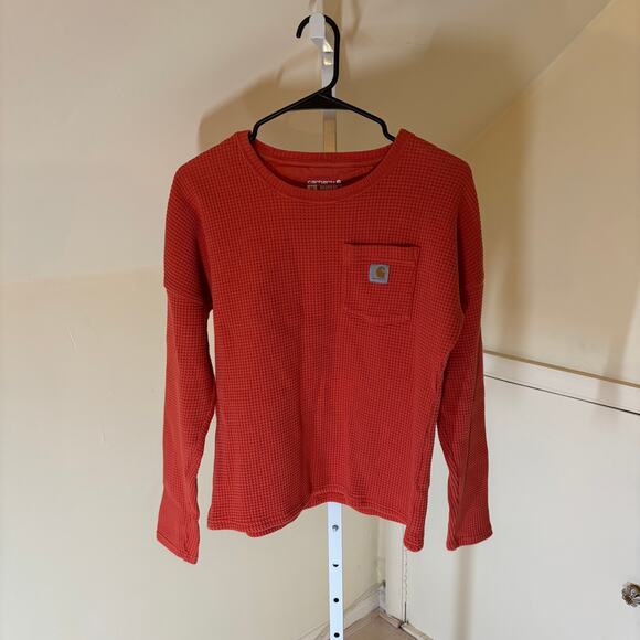 Carhartt EUC Women's Relaxed Fit Heavyweight Crewneck Thermal Shirt Orange XS - Picture 3 of 8
